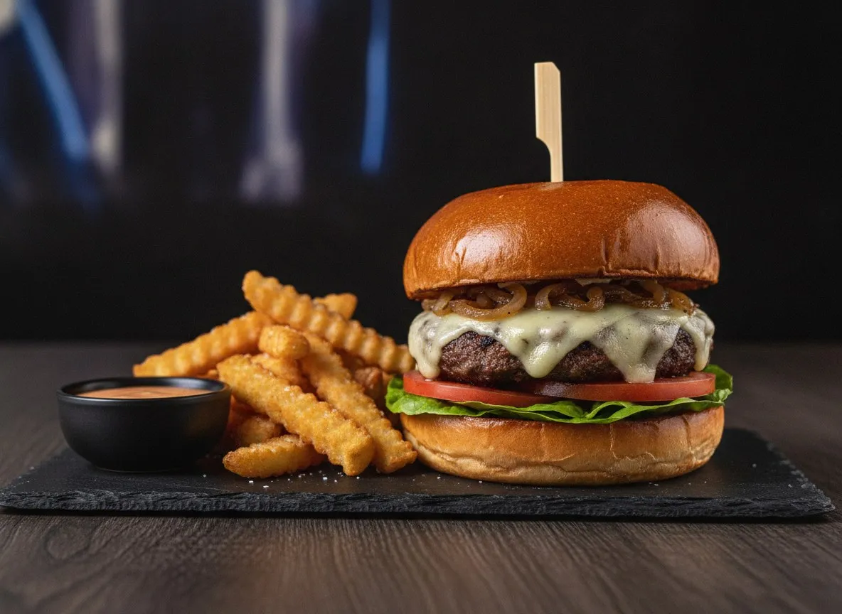 Gourmet-Burger mit Steakhouse-Pommes