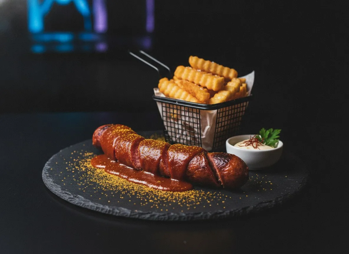 Currywurst deluxe mit knusprigen Pommes